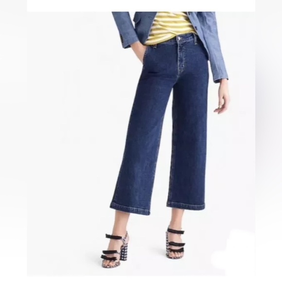 J. Crew Denim - Jcrew Highest Rise Wide Leg Cropped Jeans Medium Dark Denim Blue Patch Pockets